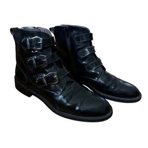 Pertini Women's Black Leather Triple Buckle Ankle Boots EU 40 Moto Combat Boot